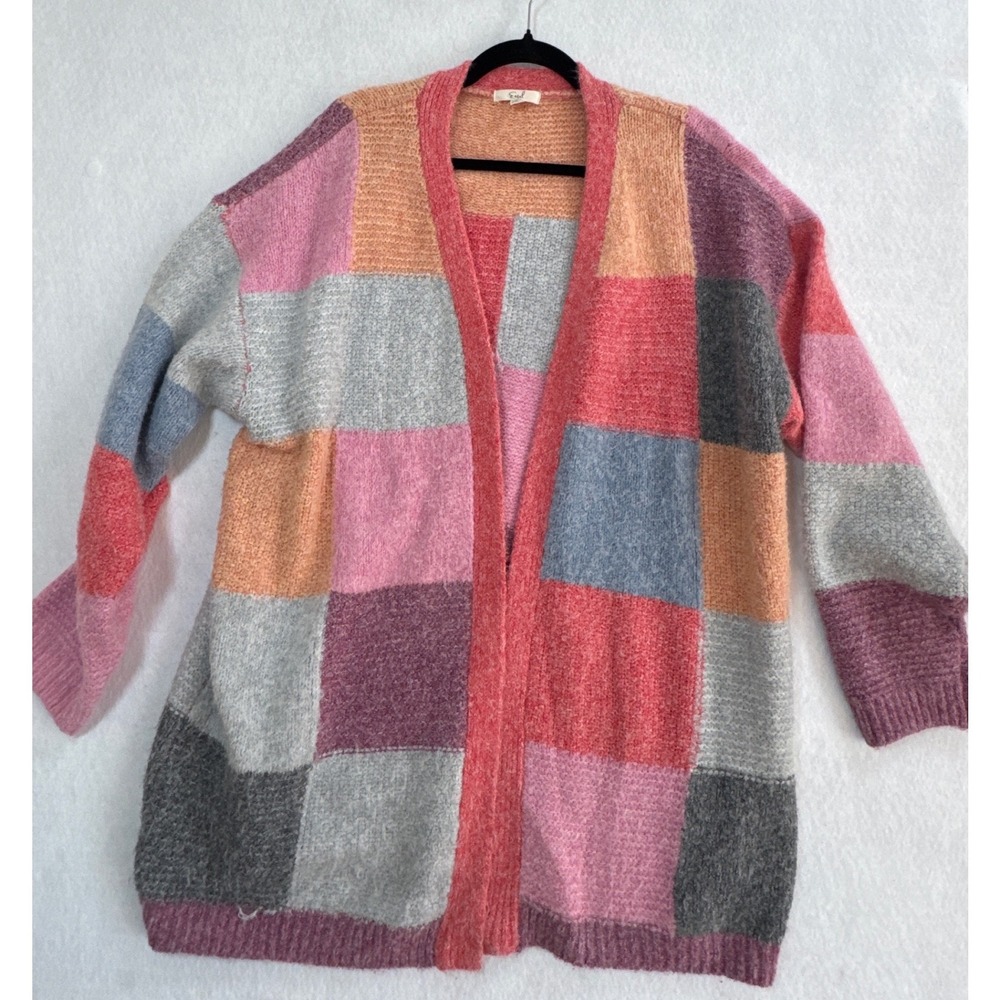 Easel Los Angeles Patchwork Open Front Cardigan Multicolor Oversized Sweater S